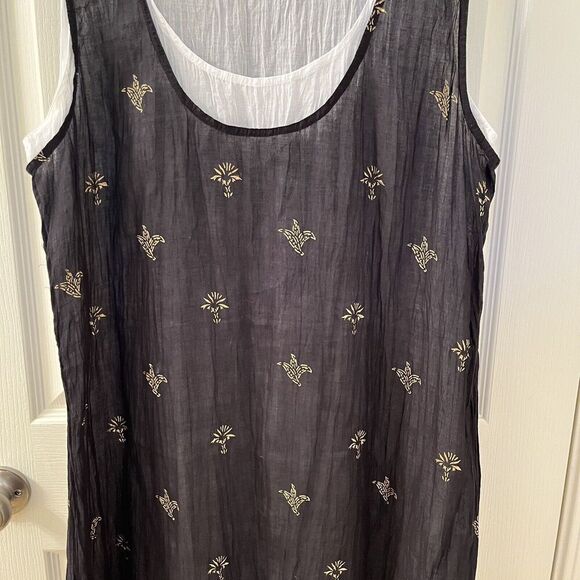 Yaza Double Gauze Layered Dress Lagenlook Black White Gold Women's Size L/XL - Picture 3 of 16